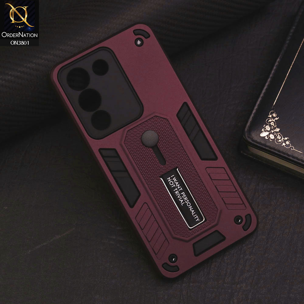 Vivo V29e Cover - Burgundy - Hybrid Stylish Slide Finger Grip With Metal Kickstand Soft Borders Case