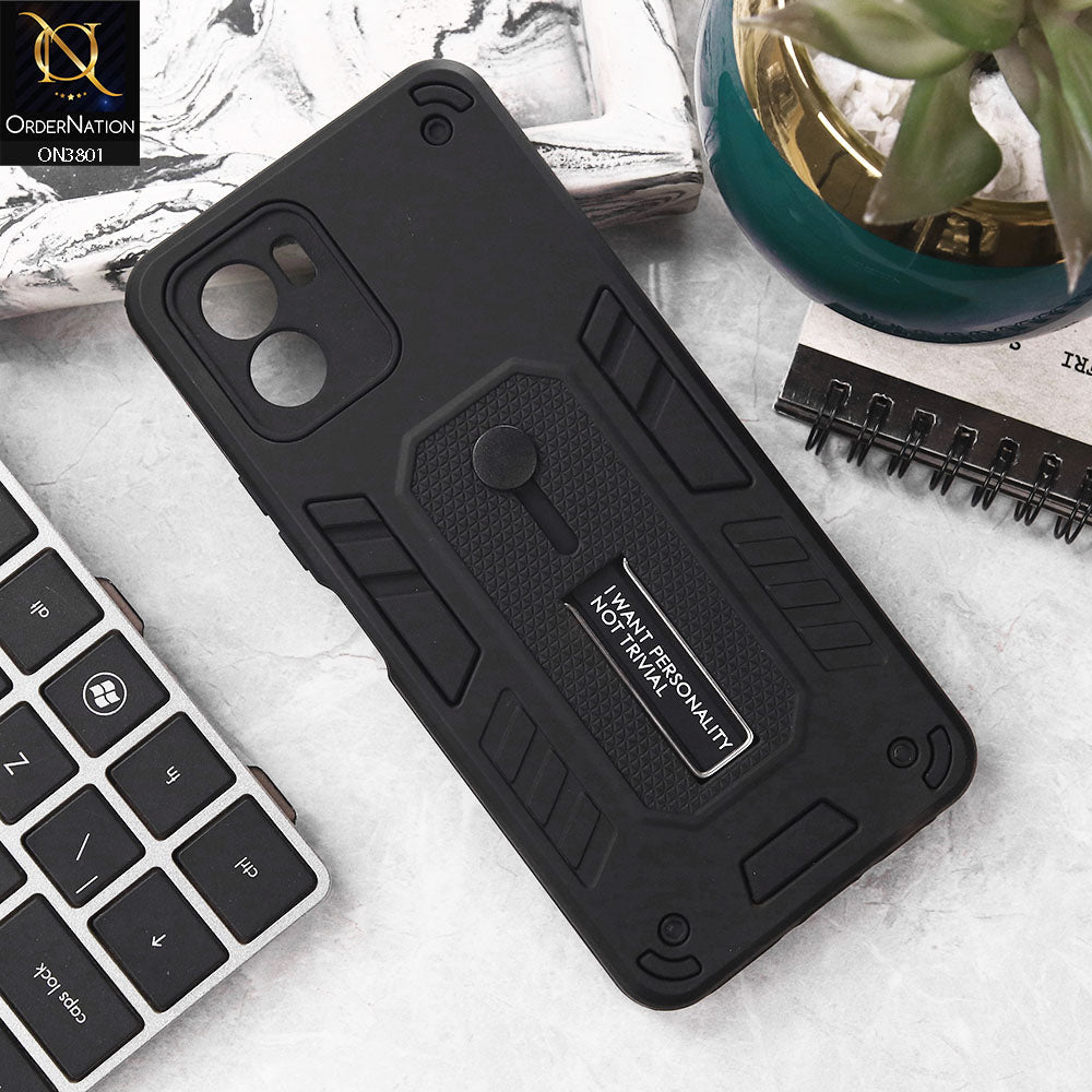 Vivo Y32t Cover - Black - Hybrid Stylish Slide Finger Grip With Metal Kickstand Soft Borders Case