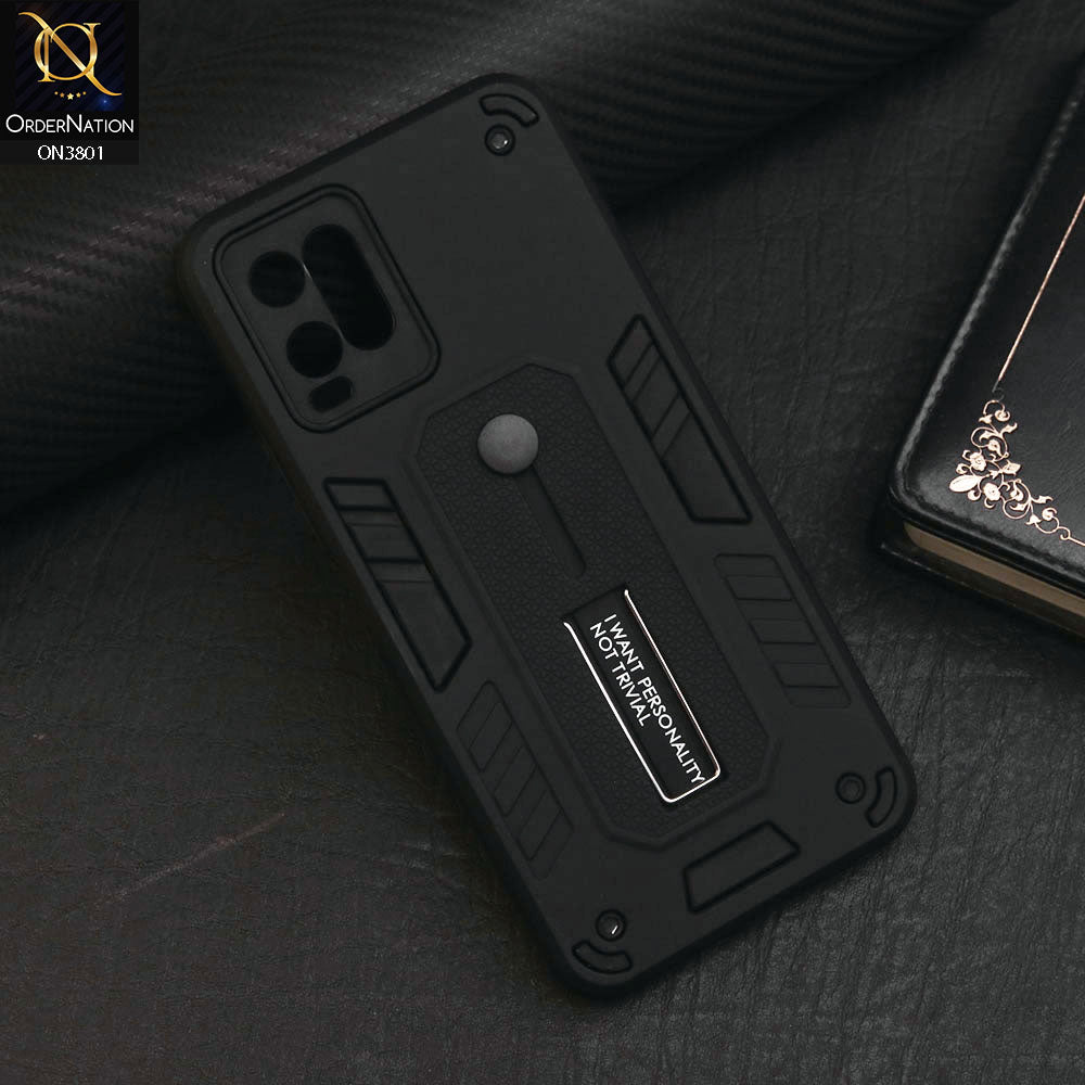 Vivo Y21e Cover - Black - Hybrid Stylish Slide Finger Grip With Metal Kickstand Soft Borders Case