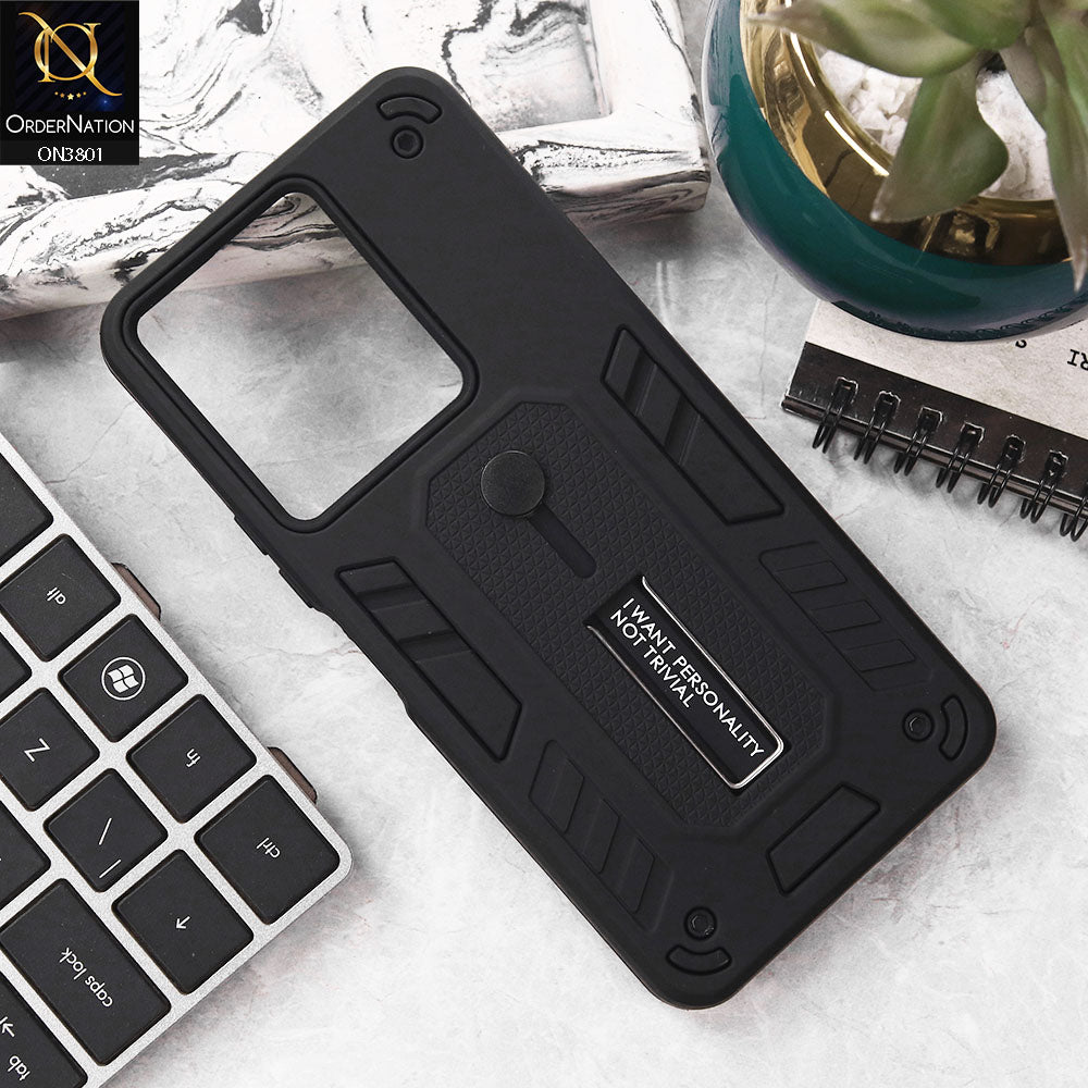 Vivo Y27s Cover - Black - Hybrid Stylish Slide Finger Grip With Metal Kickstand Soft Borders Case