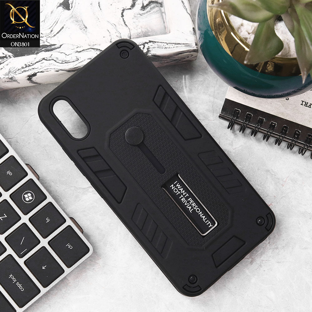 Vivo Y90 Cover - Black - Hybrid Stylish Slide Finger Grip With Metal Kickstand Soft Borders Case