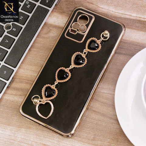 Vivo V21e Cover - Black - New Electroplating Silk Shiny Camera Bumper Soft Case With Heart Chain Holder