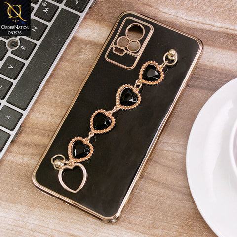 Vivo Y73 Cover - Black - New Electroplating Silk Shiny Camera Bumper Soft Case With Heart Chain Holder
