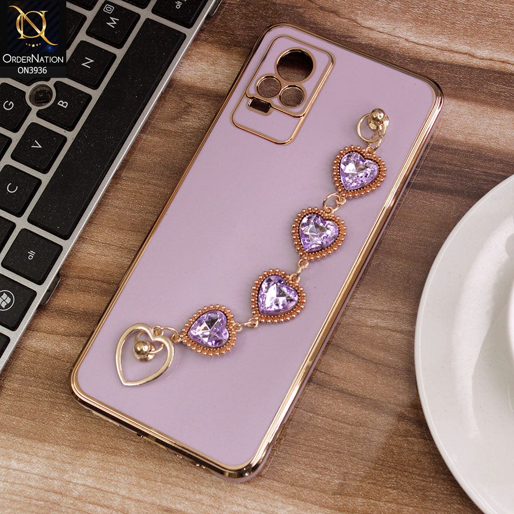 Vivo V21e Cover - Purple - New Electroplating Silk Shiny Camera Bumper Soft Case With Heart Chain Holder
