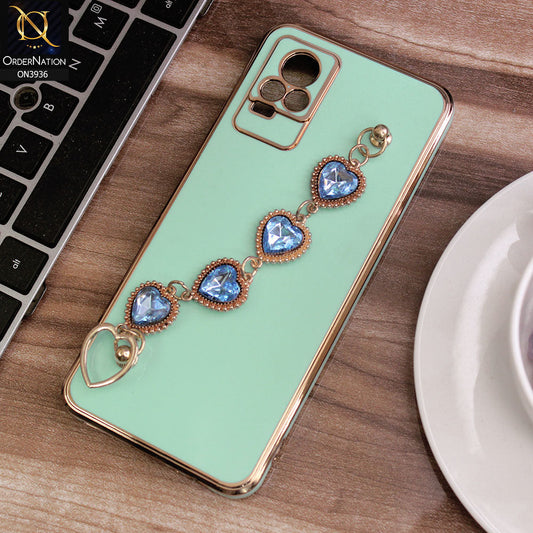 Vivo Y73 Cover - Sea Green - New Electroplating Silk Shiny Camera Bumper Soft Case With Heart Chain Holder