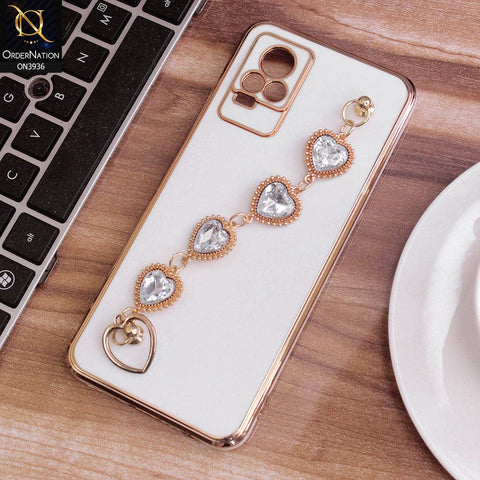 Vivo V21e Cover - White - New Electroplating Silk Shiny Camera Bumper Soft Case With Heart Chain Holder