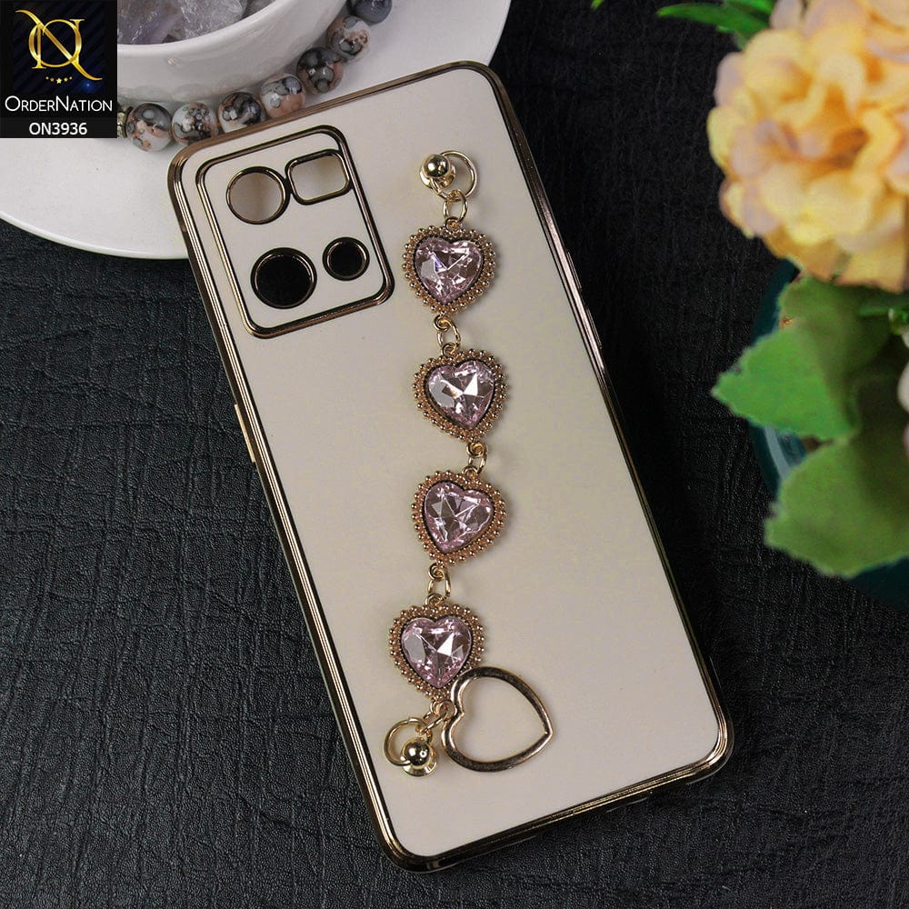 Oppo Reno 7 4G Cover - White - New Electroplating Silk Shiny Camera Bumper Soft Case With Heart Chain Holder