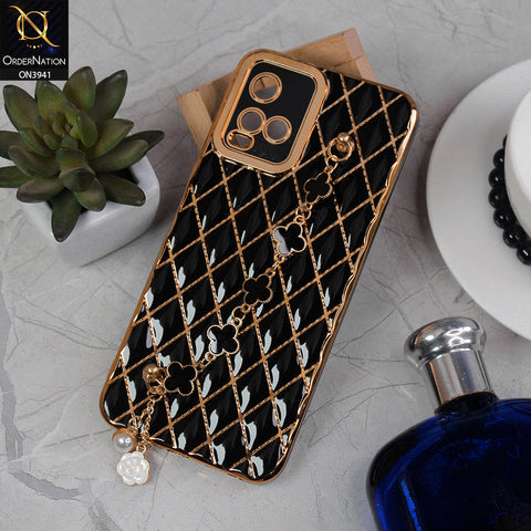 Vivo Y21G Cover - Black -  Soft TPU Shiny Electroplated Golden Lines Camera Protection Case With Flower Chain Holder
