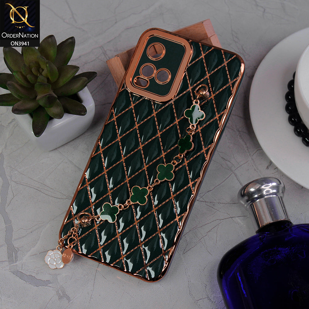 Vivo Y21G Cover - Green -  Soft TPU Shiny Electroplated Golden Lines Camera Protection Case With Flower Chain Holder