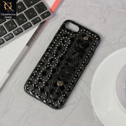 iPhone SE 2022 Cover - Black - Premium Leather Texture Shiny Stones Case With Mobile Holding Belt
