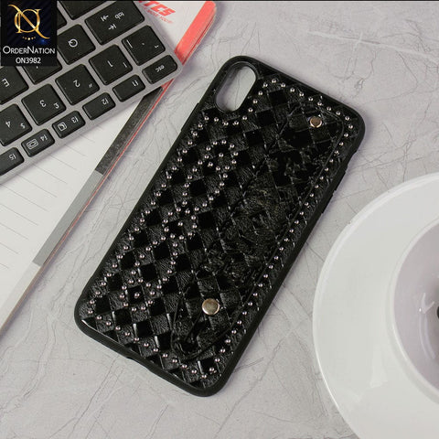 iPhone XS Max Cover - Black - Premium Leather Texture Shiny Stones Case With Mobile Holding Belt