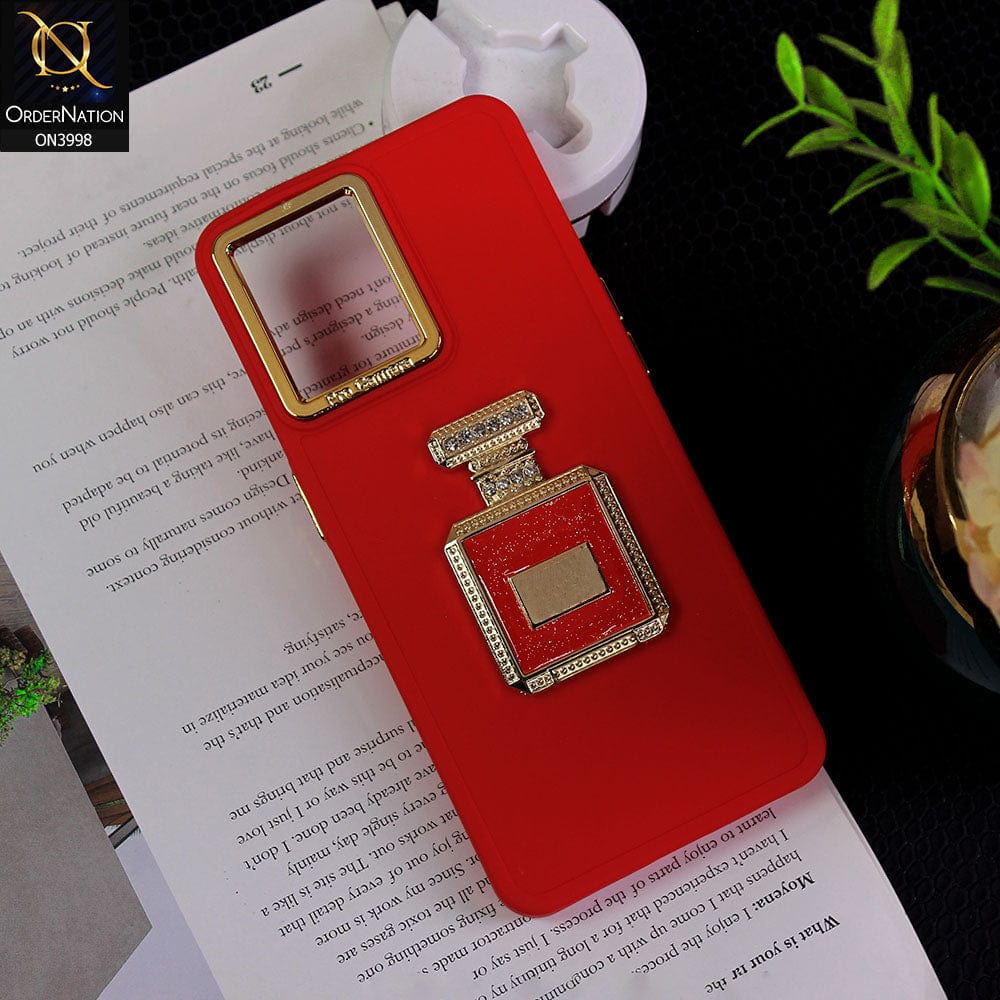Vivo Y21e Cover - Red - New Electroplating Camera Ring  Soft Silicon Case With Shiny Rime Stones Mobile Stand