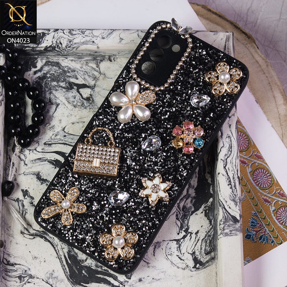 Samsung Galaxy M02s Cover - Black - New Bling Bling Sparkle 3D Flowers Shiny Glitter Texture Protective Case
