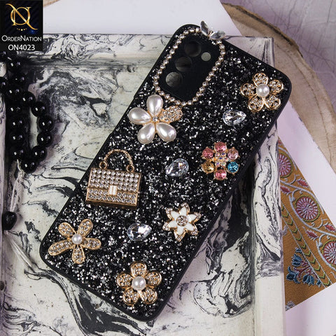 Samsung Galaxy A03s Cover - Black - New Bling Bling Sparkle 3D Flowers Shiny Glitter Texture Protective Case