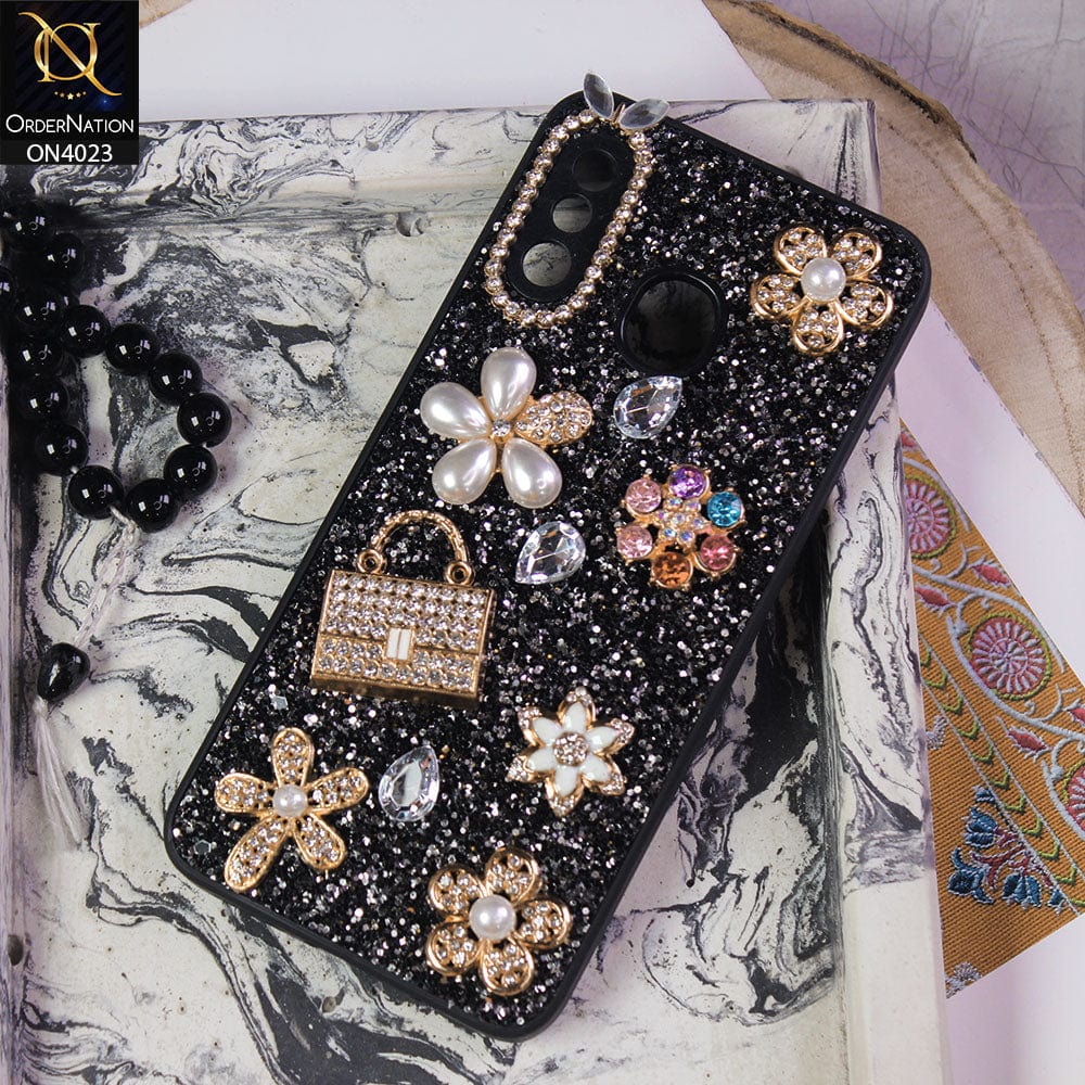 Samsung Galaxy A20 Cover - Black - New Bling Bling Sparkle 3D Flowers Shiny Glitter Texture Protective Case