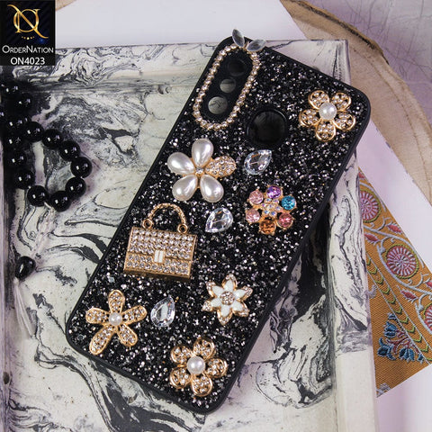 Samsung Galaxy A30 Cover - Black - New Bling Bling Sparkle 3D Flowers Shiny Glitter Texture Protective Case