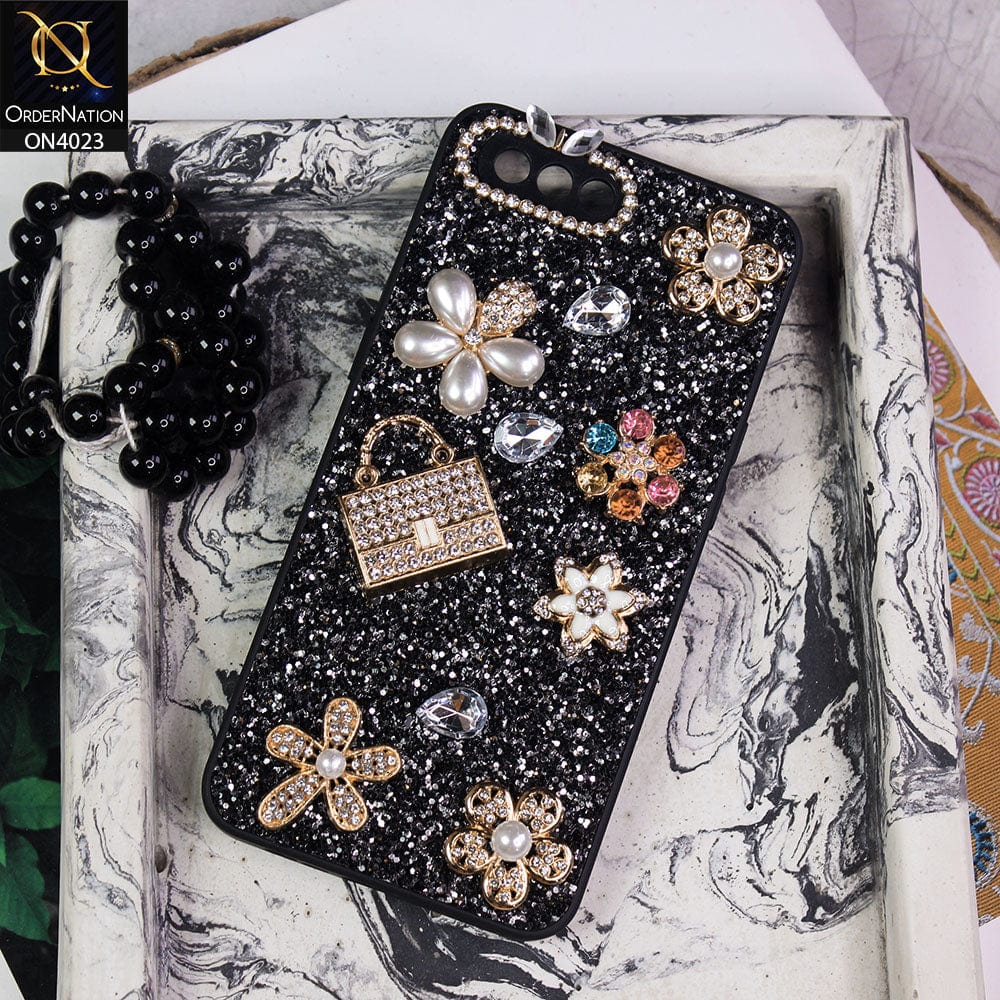 Oppo A12e Cover - Black - New Bling Bling Sparkle 3D Flowers Shiny Glitter Texture Protective Case