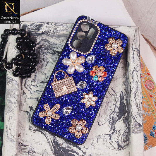 Oppo Reno 6 Cover - Blue - New Bling Bling Sparkle 3D Flowers Shiny Glitter Texture Protective Case