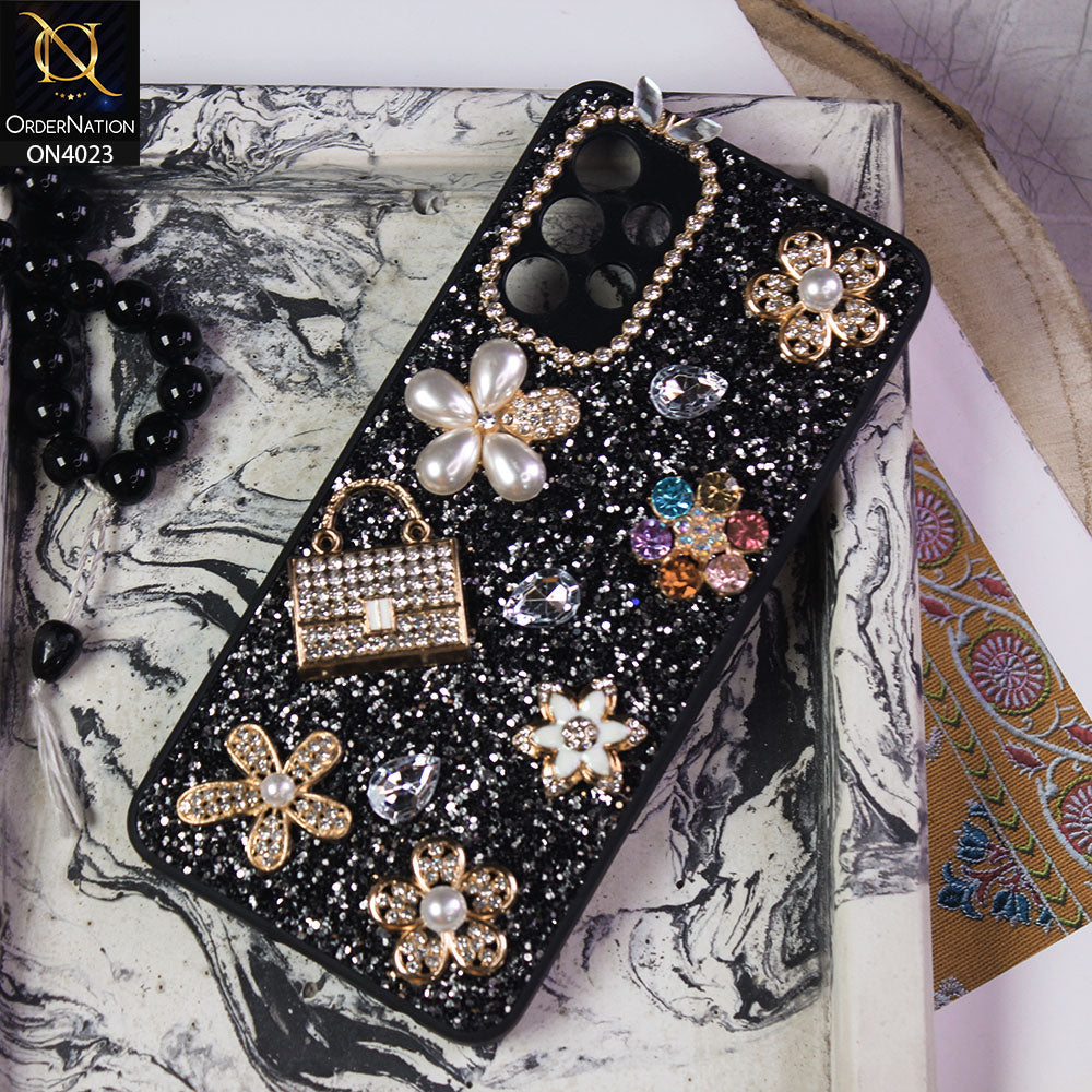 Samsung Galaxy A32 Cover - Black - New Bling Bling Sparkle 3D Flowers Shiny Glitter Texture Protective Case