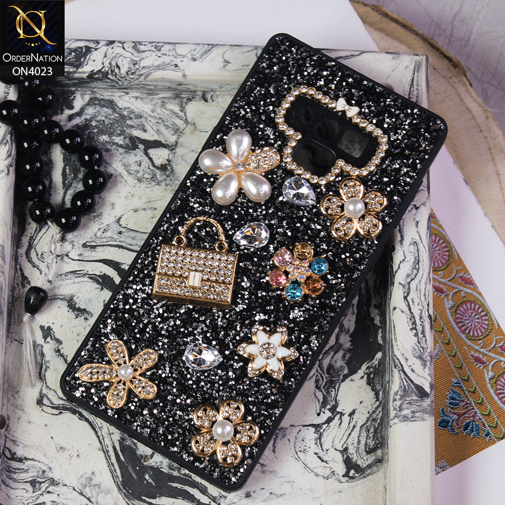 Samsung Galaxy Note 9 Cover - Black - New Bling Bling Sparkle 3D Flowers Shiny Glitter Texture Protective Case