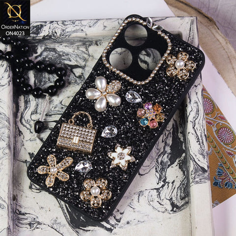 Tecno Spark 10 Cover - Black - New Bling Bling Sparkle 3D Flowers Shiny Glitter Texture Protective Case