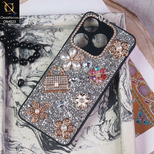 Tecno Spark 10 Cover - Silver - New Bling Bling Sparkle 3D Flowers Shiny Glitter Texture Protective Case