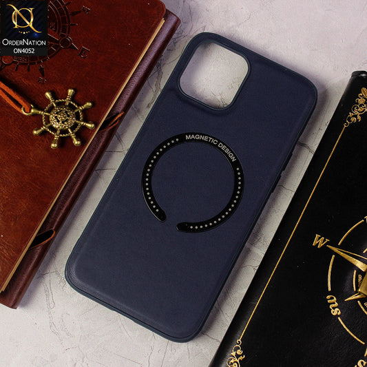 iPhone 13 Pro Max Cover - Blue - Leather Texture Silicon Magnetic Design Soft Case