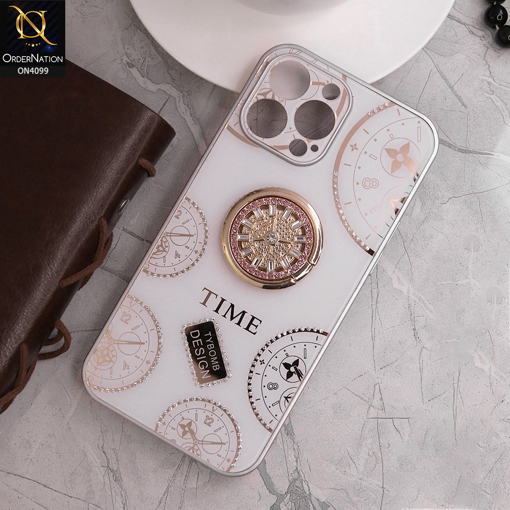 iPhone 12 Pro Max Cover - White - Bling Shiny Back Shell Soft Round Borders Camera Protection Case With Ring Holder