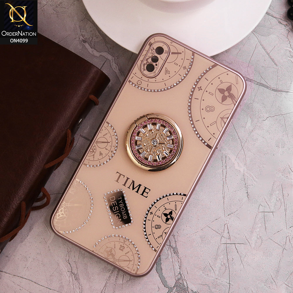 iPhone XS / X Cover - Light Gold - Bling Shiny Back Shell Soft Round Borders Camera Protection Case With Ring Holder