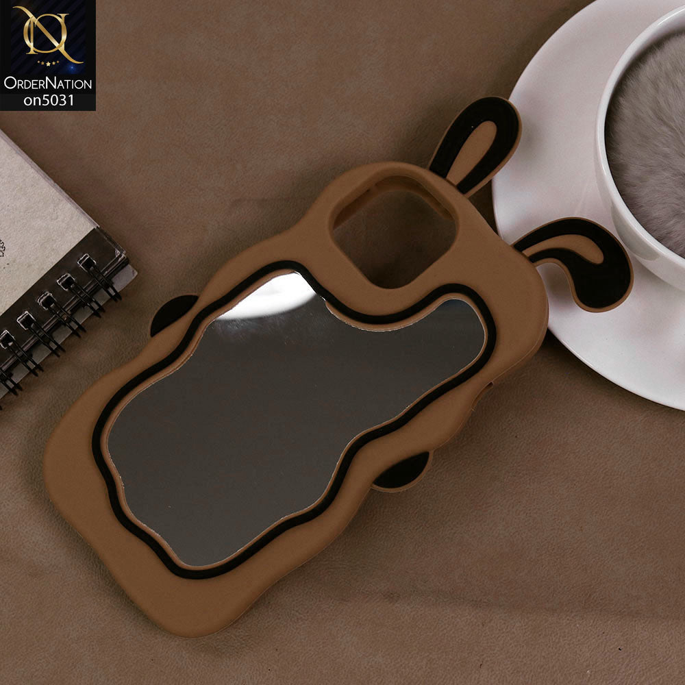 iPhone 13 Cover - Brown - 360-Degree Protection Cute Cartoon Bunny Mirror Soft Silicone Case