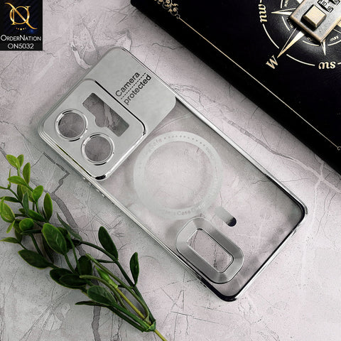 Vivo Y35m Plus Cover - Silver - New Electroplating Color Borders Camera Protection Magsafe Design Soft Transparent Case With Logo Hole