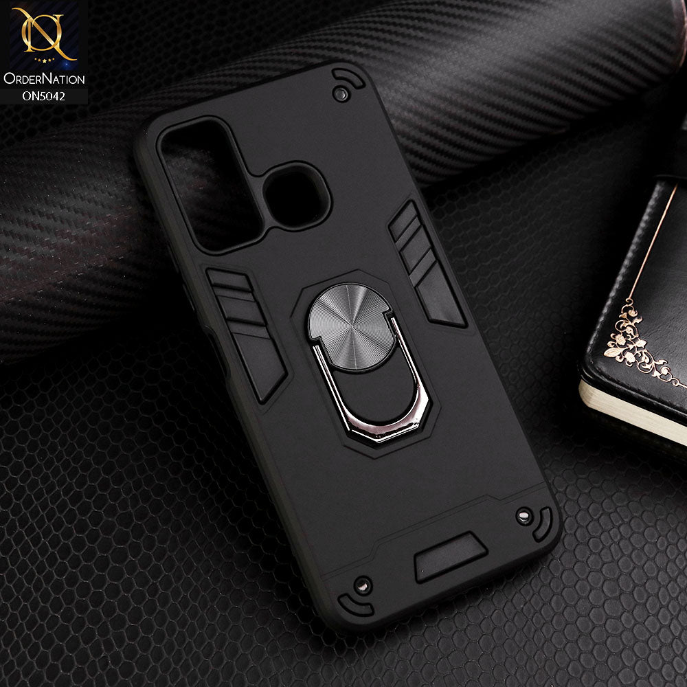 Tecno Camon 15 Cover - Black - New Dual PC + TPU Hybrid Style Protective Soft Border Case With Kickstand Holder