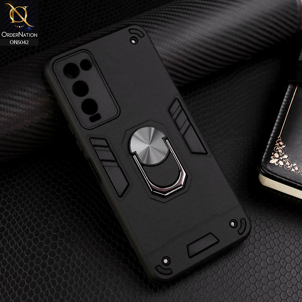 Tecno Camon 18T Cover - Black - New Dual PC + TPU Hybrid Style Protective Soft Border Case With Kickstand Holder