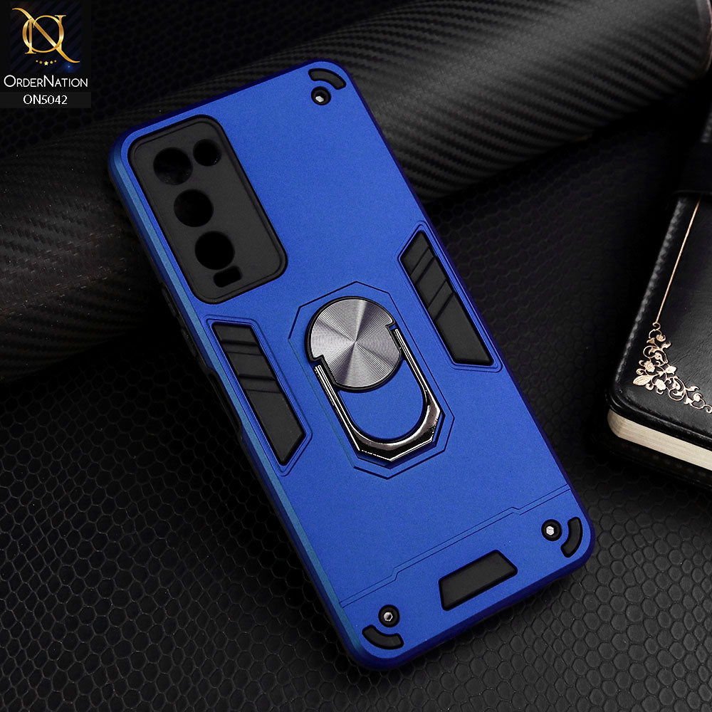 Tecno Camon 18 Cover - Blue - New Dual PC + TPU Hybrid Style Protective Soft Border Case With Kickstand Holder