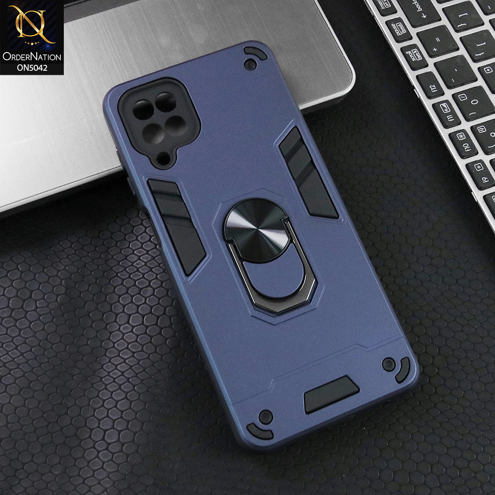 Samsung Galaxy A12 Nacho Cover - Midnight Blue - New Dual PC + TPU Hybrid Style Protective Soft Border Case With Kickstand Holder