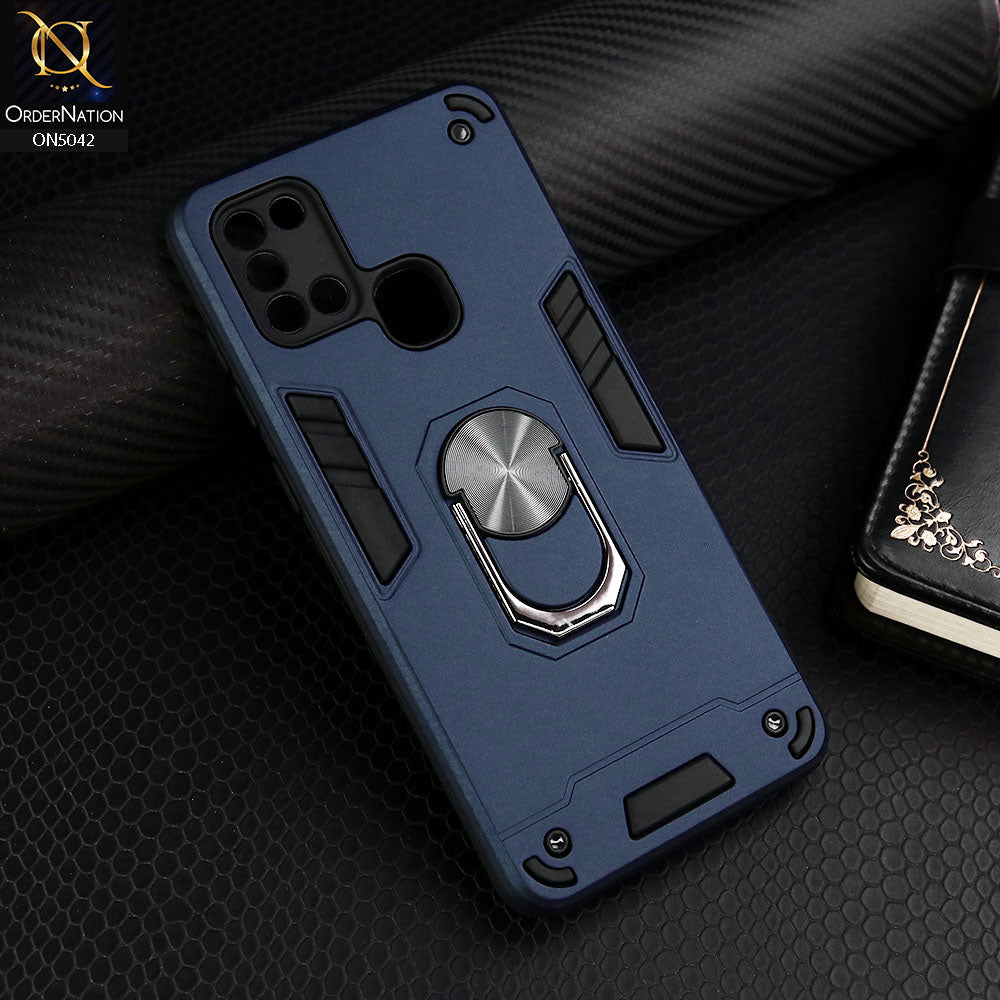 Samsung Galaxy A21s Cover - Midnight Blue - New Dual PC + TPU Hybrid Style Protective Soft Border Case With Kickstand Holder