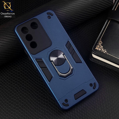 Vivo V27e Cover - Midnight Blue - New Dual PC + TPU Hybrid Style Protective Soft Border Case With Kickstand Holder