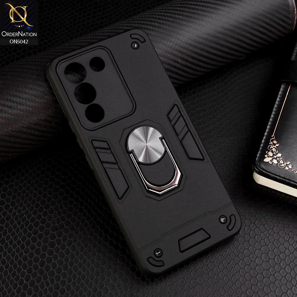 Vivo V29e Cover - Black - New Dual PC + TPU Hybrid Style Protective Soft Border Case With Kickstand Holder