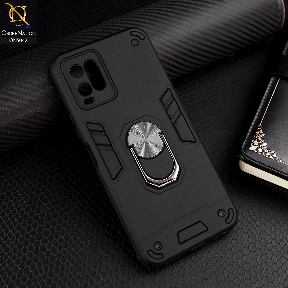 Vivo Y21e Cover - Black - New Dual PC + TPU Hybrid Style Protective Soft Border Case With Kickstand Holder