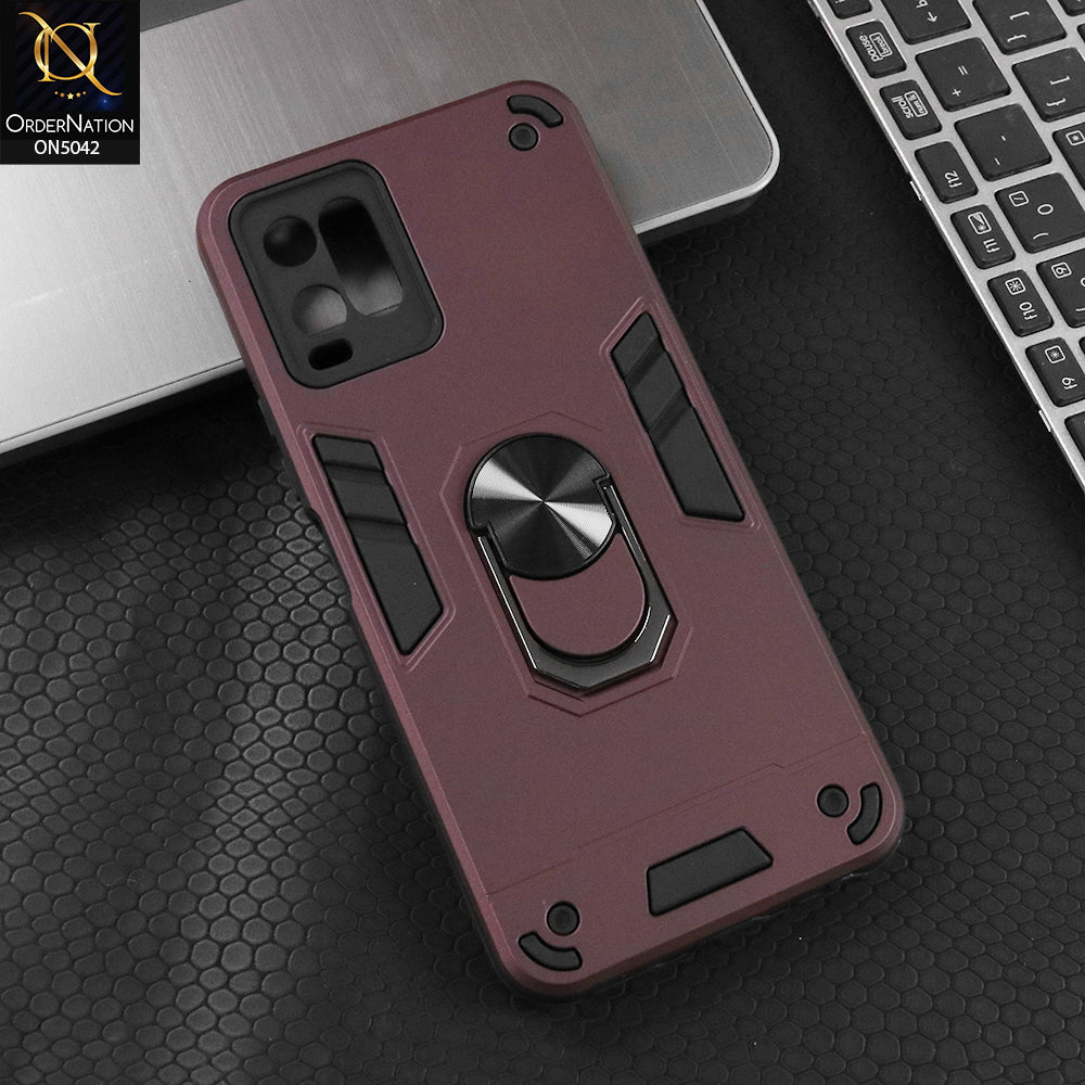 Vivo Y21 Cover - Burgundy - New Dual PC + TPU Hybrid Style Protective Soft Border Case With Kickstand Holder
