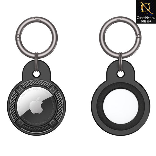 Apple Airtag Cover - Black - Carbon Fiber Texture Round Keychain Holder Anti Lost Shockproof Protective Case (Apple Tag Not Included)