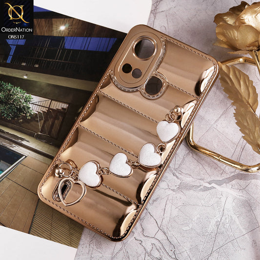 Itel A49 Play Cover - Golden - Cute Trendy Color Electroplating Stitched Coushion Style Soft Case with Loce Heart Chain Holder