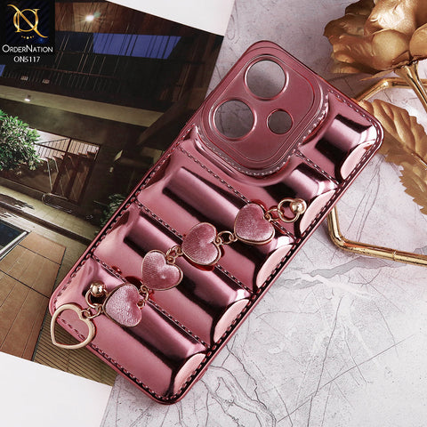 Infinix hot30i Cover - Rose Gold - Cute Trendy Color Electroplating Stitched Coushion Style Soft Case with Loce Heart Chain Holder