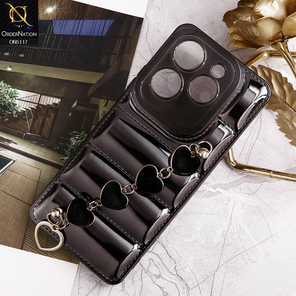 Infinix Hot 40 Pro Cover - Black - Cute Trendy Color Electroplating Stitched Coushion Style Soft Case with Loce Heart Chain Holder