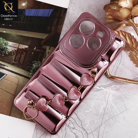 Infinix Hot 40 Pro Cover - Rose Gold - Cute Trendy Color Electroplating Stitched Coushion Style Soft Case with Loce Heart Chain Holder