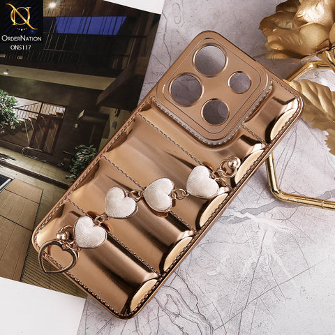Itel A05s Cover - Golden - Cute Trendy Color Electroplating Stitched Coushion Style Soft Case with Loce Heart Chain Holder