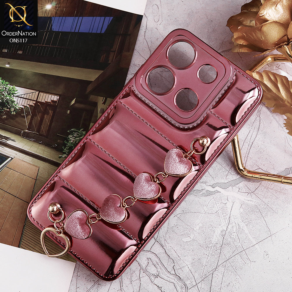 Xiaomi Redmi Note 13 Cover - Rose Gold - Cute Trendy Color Electroplating Stitched Coushion Style Soft Case with Loce Heart Chain Holder