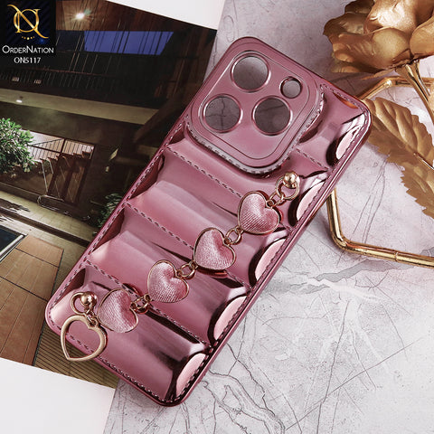 Itel A70 Cover - Rose Gold - Cute Trendy Color Electroplating Stitched Coushion Style Soft Case with Loce Heart Chain Holder