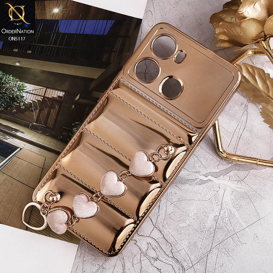 Itel itel P40 Cover - Golden - Cute Trendy Color Electroplating Stitched Coushion Style Soft Case with Loce Heart Chain Holder