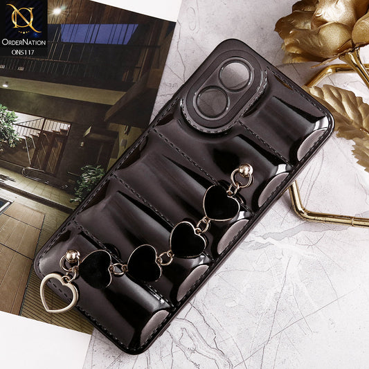 Oppo A38 Cover - Black - Cute Trendy Color Electroplating Stitched Coushion Style Soft Case with Loce Heart Chain Holder